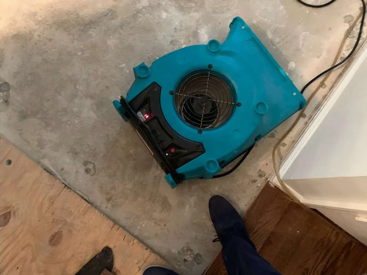 Air mover drying subfloor during Leak Detection & Repair in Defiance